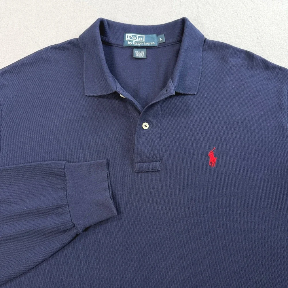 Polo Ralph Lauren Men's Navy Blue Polo Shirt Sz L Long Sleeve Pique Cotton